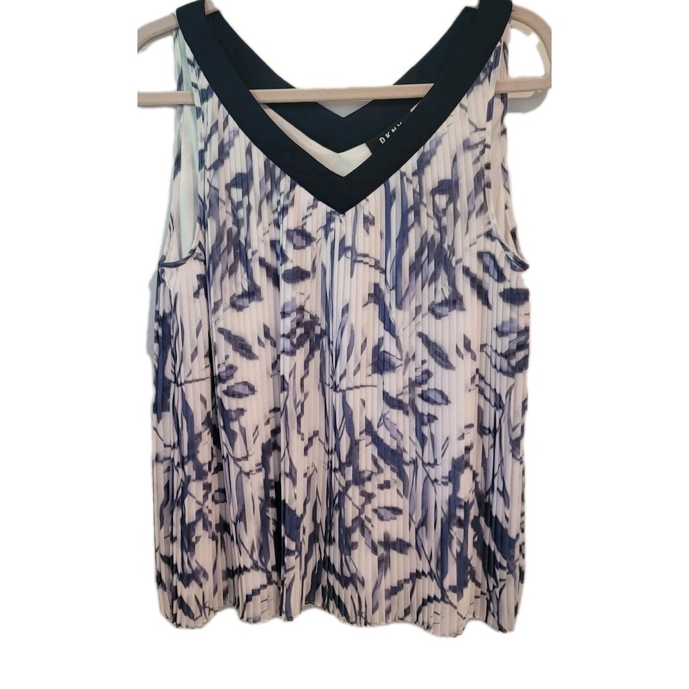 DKNY Blouse Shirt Womens M Navy White‎ Sleeveless V Neck Pleated Flowy Summer
